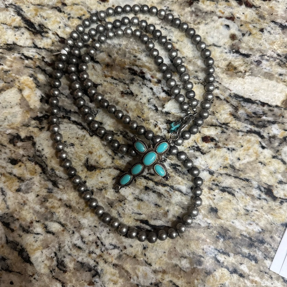 Long Silver Statement Necklace with Cross – Never Worn